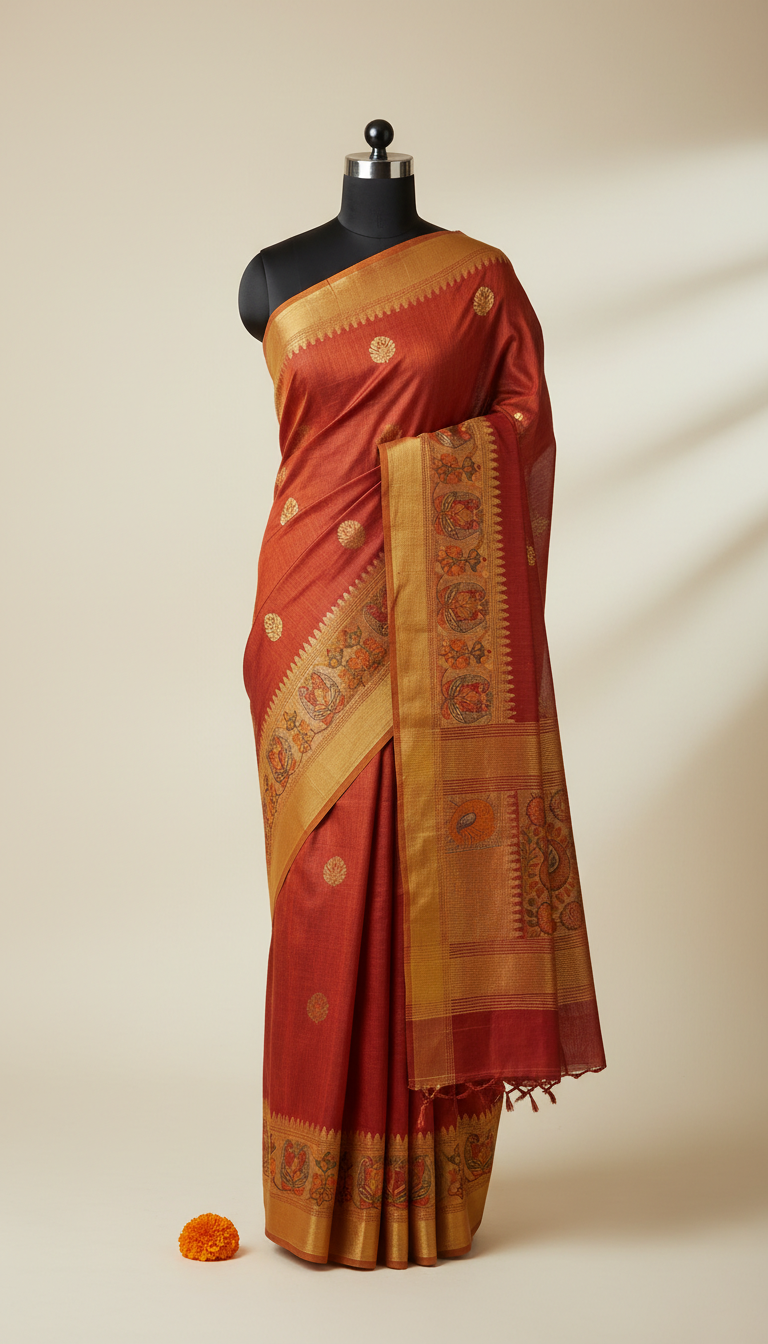 Festive Vermilion Artisanal Cotton Saree